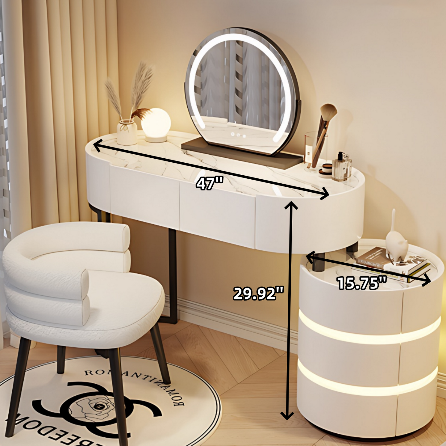 39''-47'' Vanity Desk with Smart Mirror & LED Ambient Light,Rock Slab Countertop and Stool