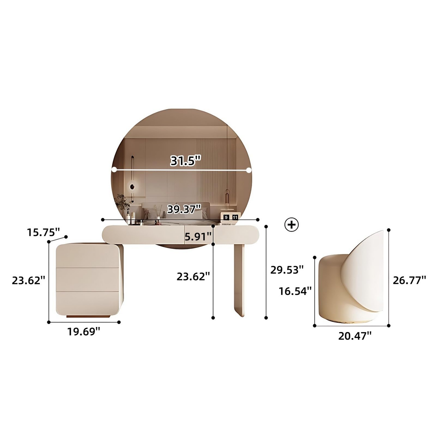 39''-47'' Makeup Vanity with Large Round LED Light Mirror and Stool
