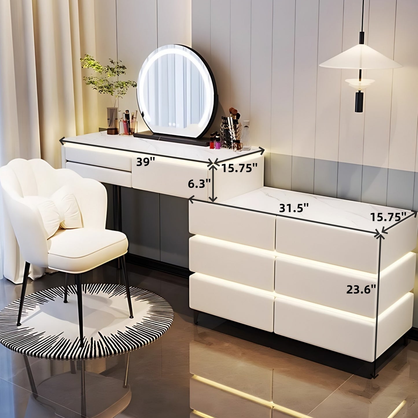 32''-47'' Makeup Vanity with LED Ambient Light and Stool & Mirror