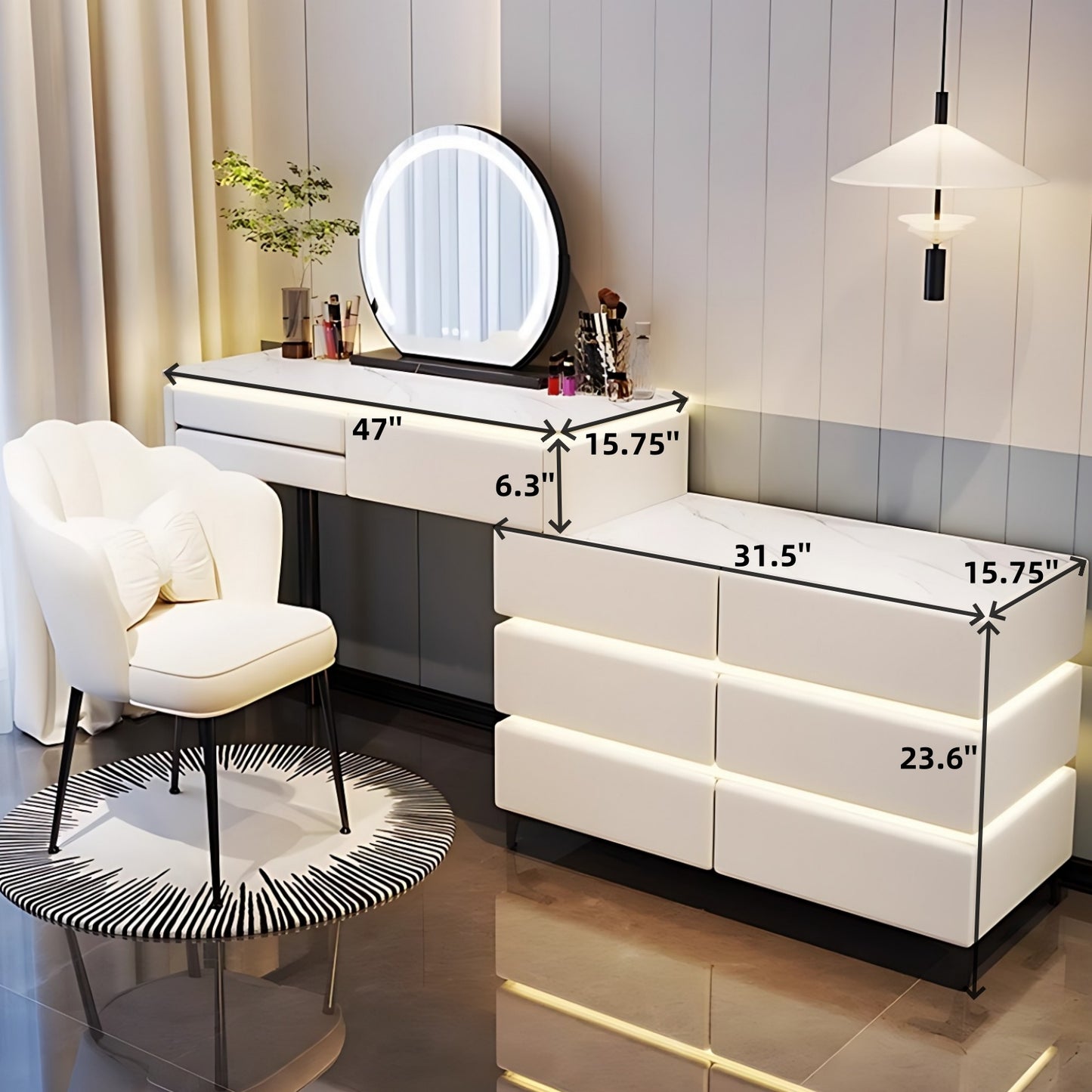 32''-47'' Makeup Vanity with LED Ambient Light and Stool & Mirror