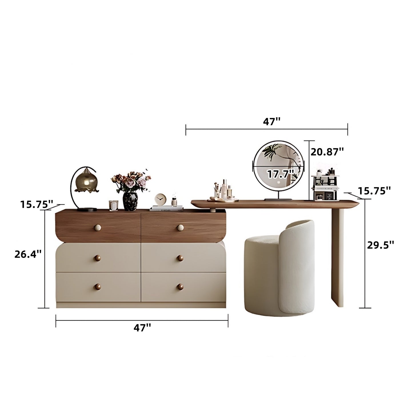 47'' Solid Wood Makeup Vanity with Smart LED Light Mirror and Stool