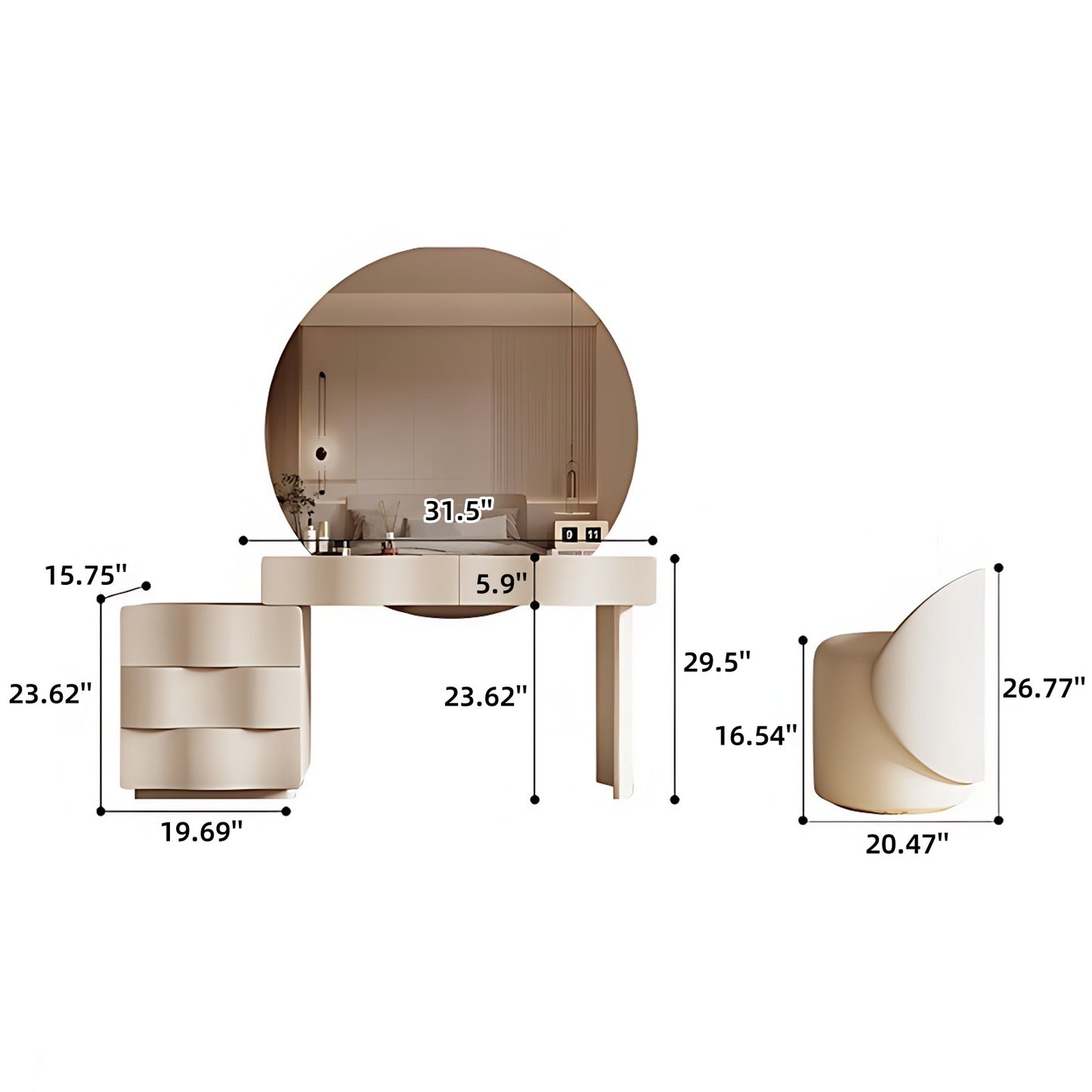 32''-47'' Wave Makeup Vanity with Big Smart LED Round Mirror & Stool