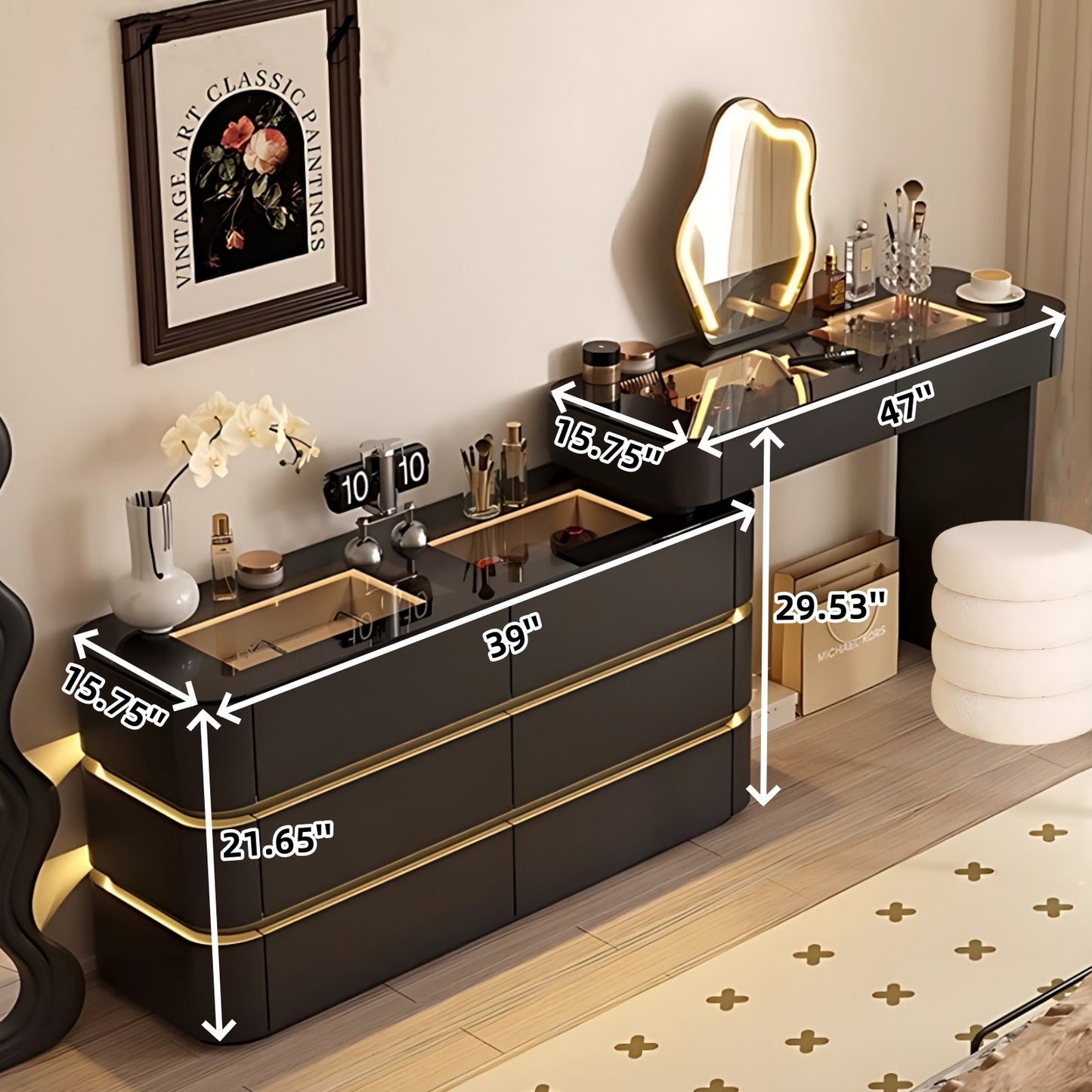 32''-47''Leather Vanity with Tempered Glass Top and Atmosphere Light,LED Mirror & Stool