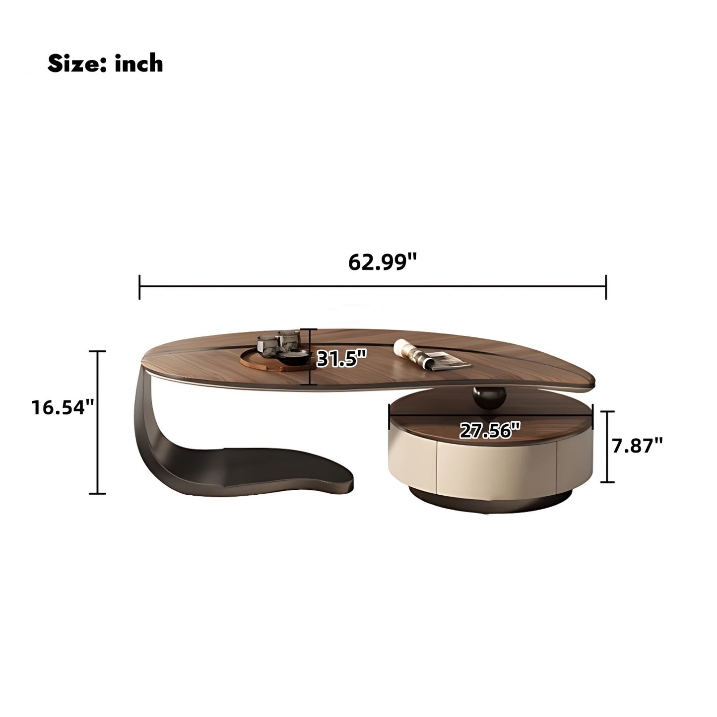 47''-63'' 2 Pieces Coffee Table,Mid Century Leaf Shaped Coffee Desk,Walnut Wood Grain