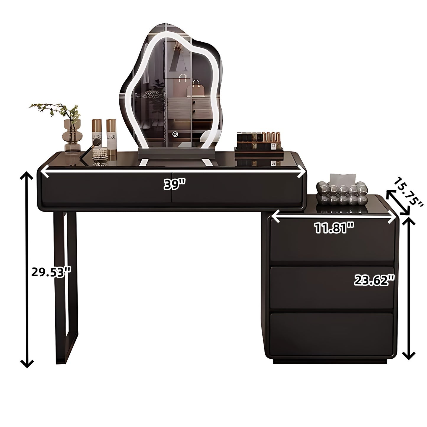 32''-47''Leather Makeup Vanity with Smart LED Light Mirror & Stool,Tempered Glass Tabletop