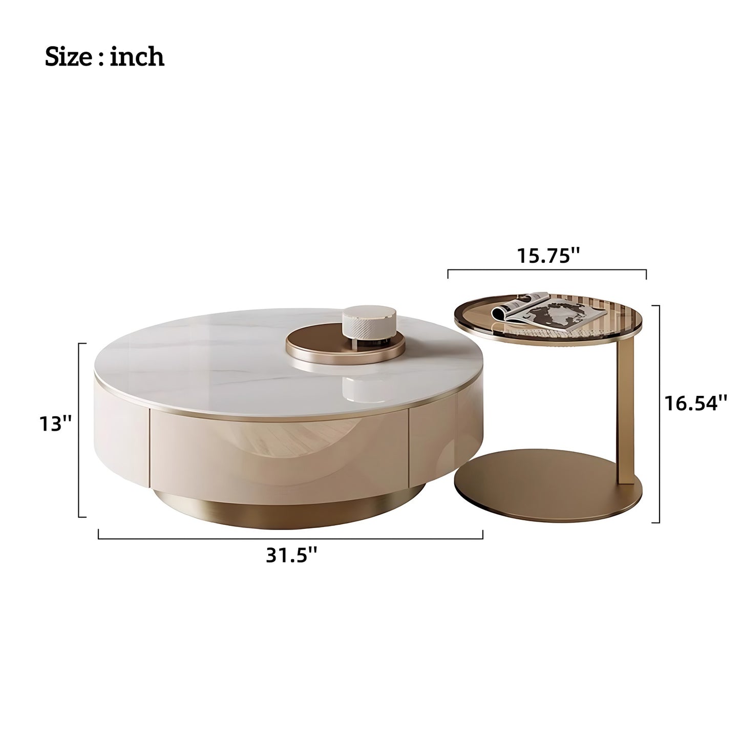 32''-35''Round Coffee Table Set with Rock Slab Countertop and Small Tempered Glass Desk