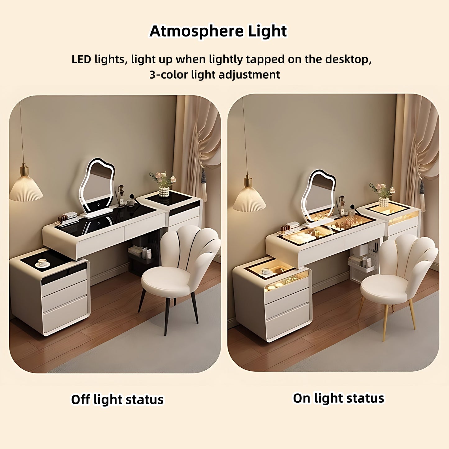 32''-47''Vanity with 2 Side Cabinets & Glass Top and Atmosphere Light,Smart Mirror,Stool