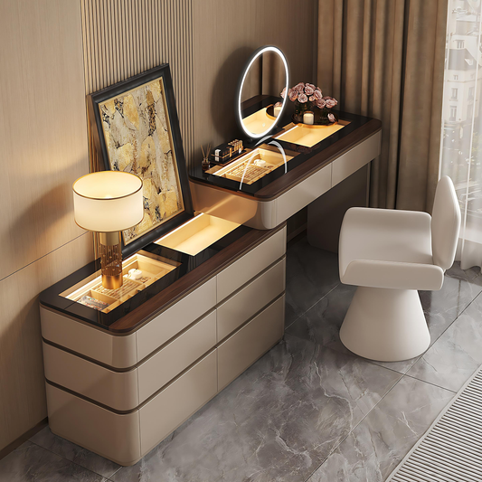 39''-47''Makeup Vanity with Tempered Glass Top and LED Ambient Light,Smart Mirror & Stool
