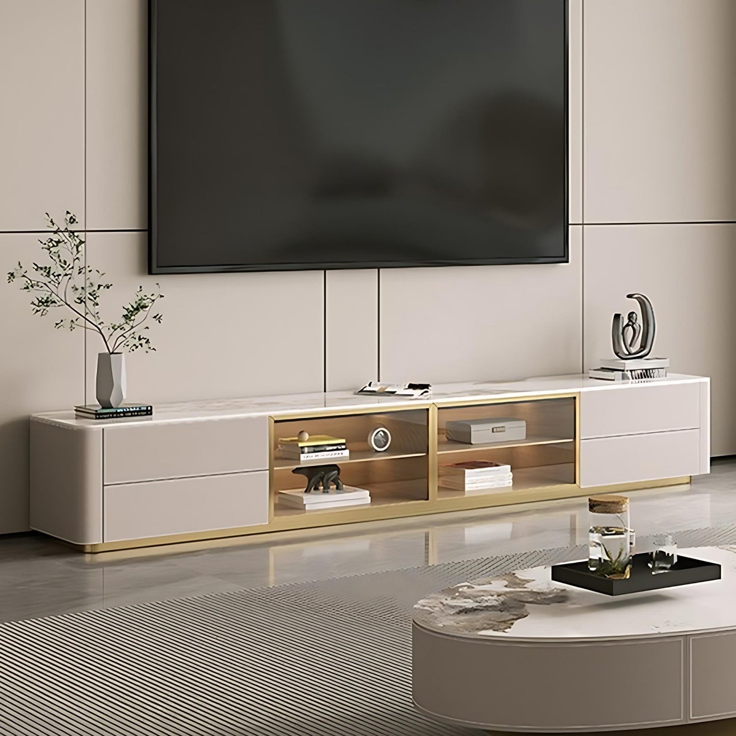 71''-94'' TV Stand with Glass Door & Rock Slab Countertop,Leather Entertainment Center