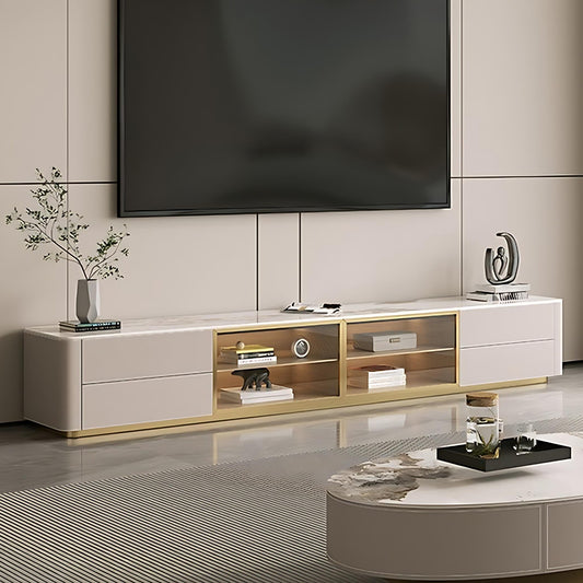 71''-94'' TV Stand with Glass Door & Rock Slab Countertop,Leather Entertainment Center