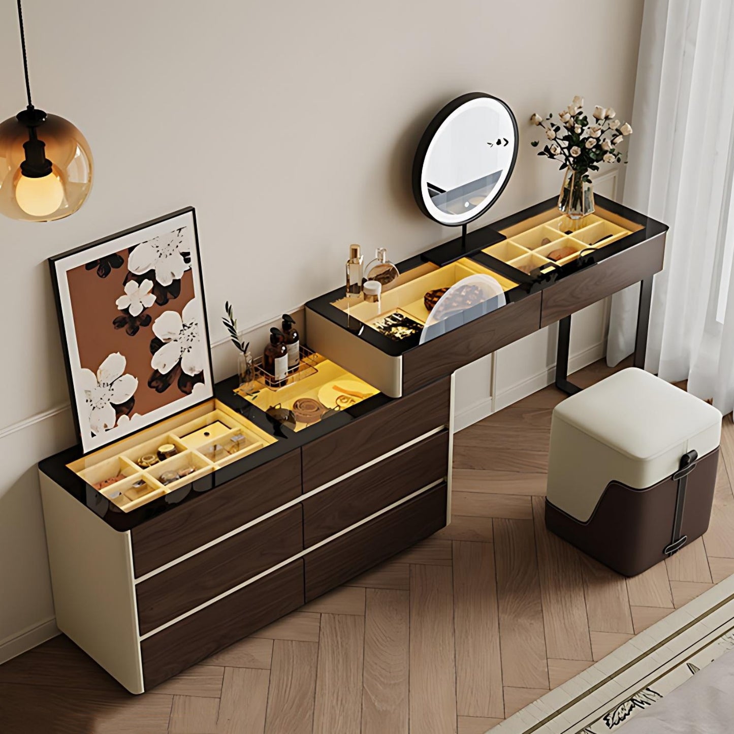 47'' Makeup Vanity with Tempered Glass Top and LED Ambient Lights,Mirror & Stool,Leather