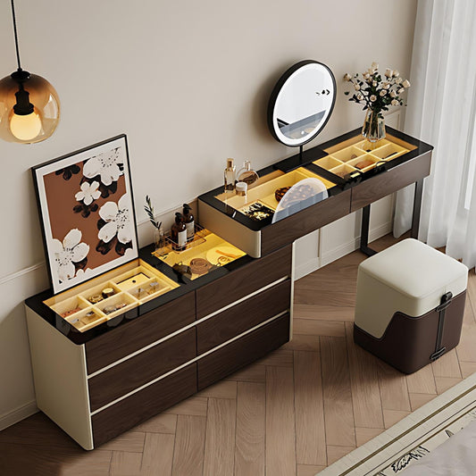 47'' Makeup Vanity with Tempered Glass Top and LED Ambient Lights,Mirror & Stool,Leather