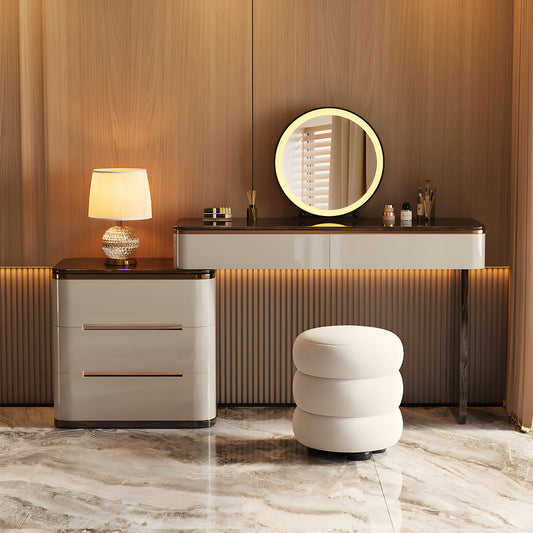 39''-47'' Vanity Desk with Tree Grain Veneer Top and Stool,LED Light Mirror,Baking Paint