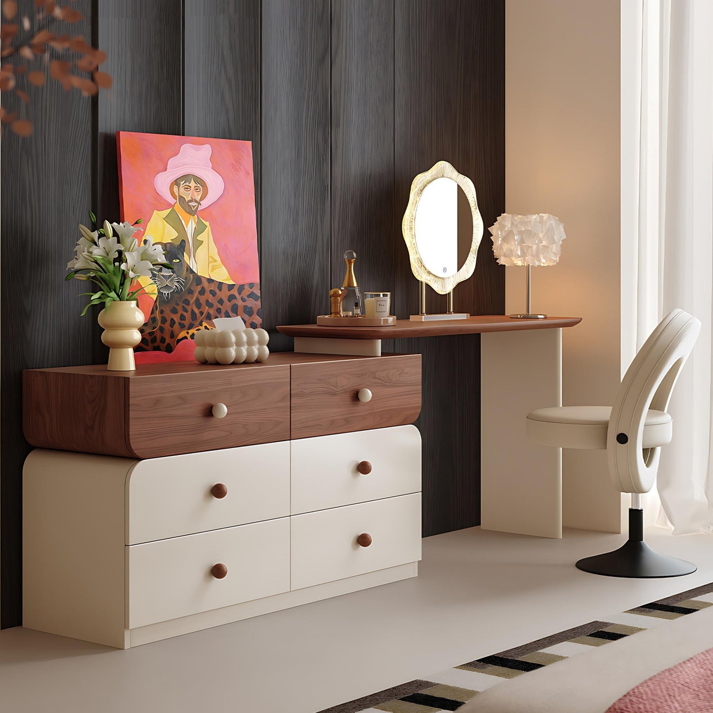 47'' Vanity Set with Walnut Veneer Top and Stool & Smart LED Lights Mirror for Bedroom