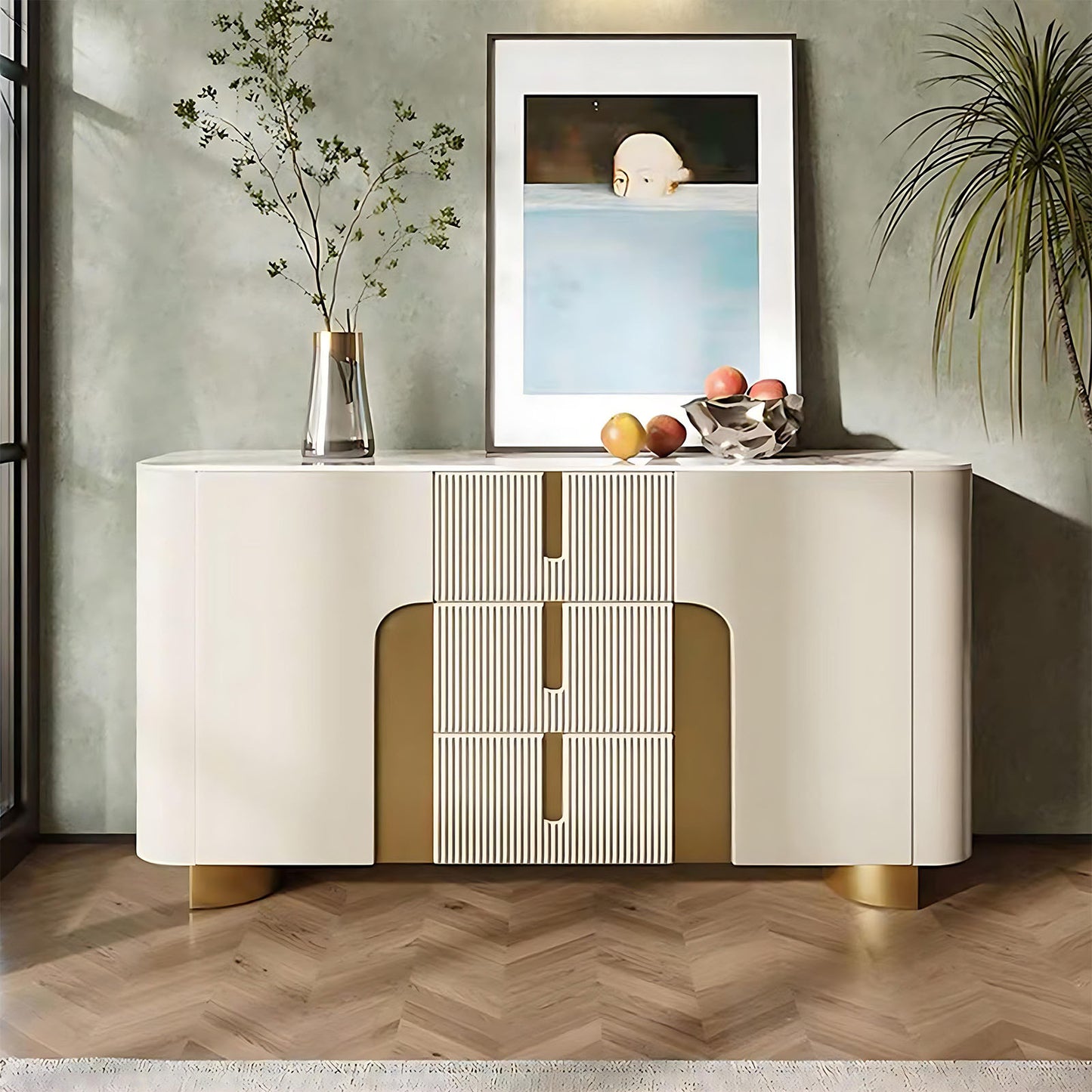 47''-59'' Sideboard Buffet Cabinet with Quartz Slab Countertop,Stainless Steel