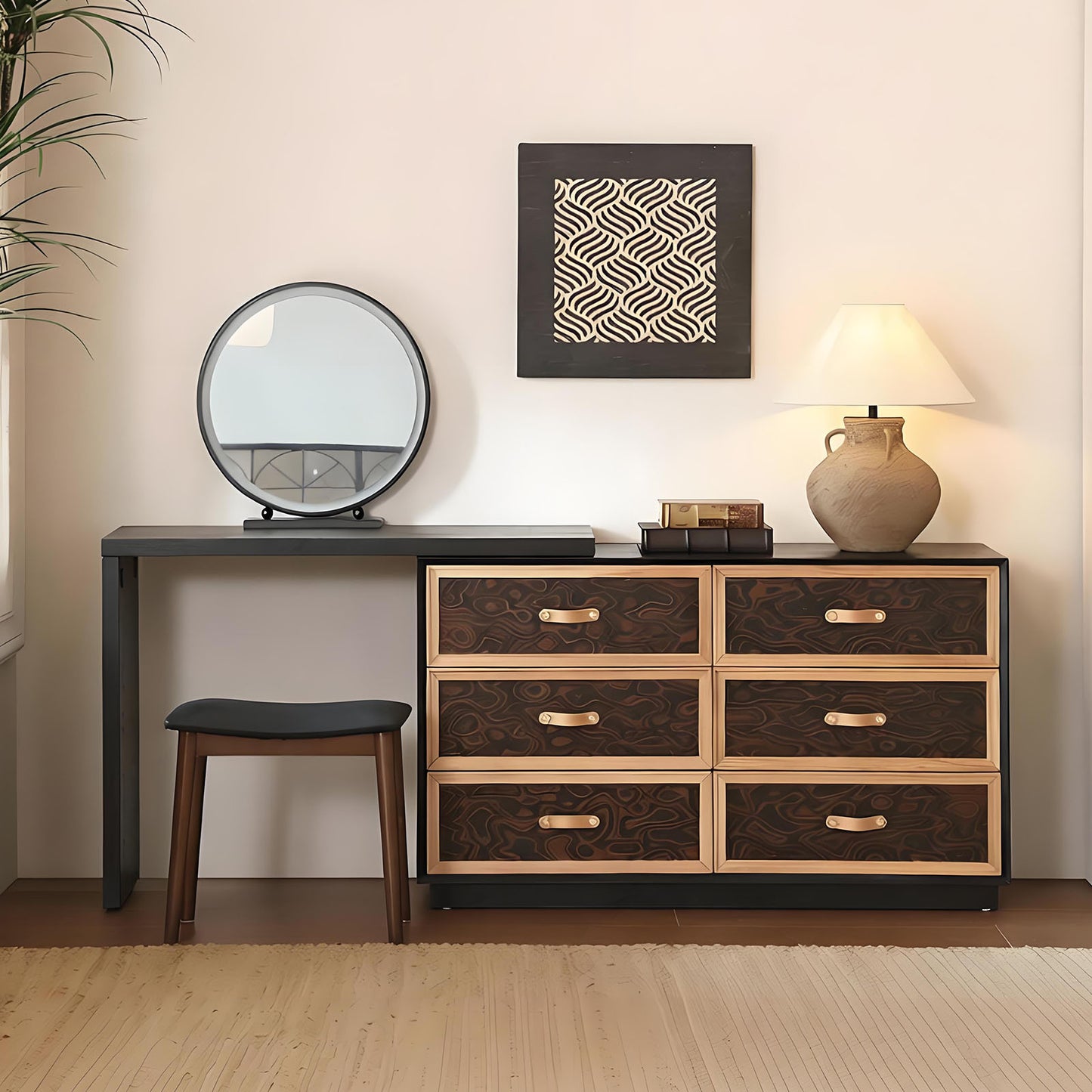 47''Mid Century Vanity Desk with Smart LED Lights Mirror and Stool,Retro