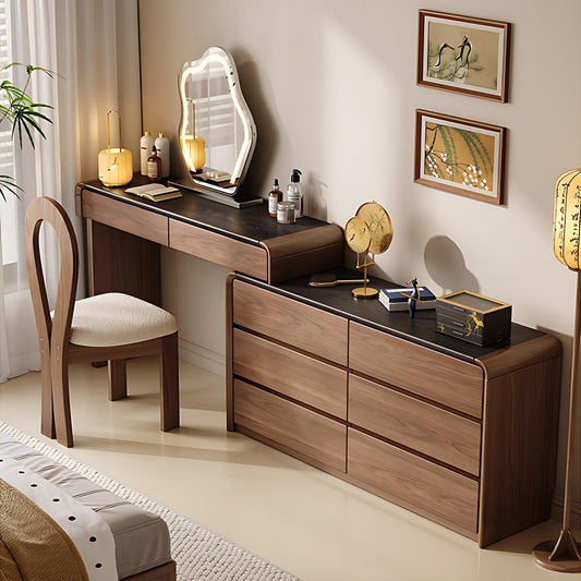 39''-47'' Makeup Vanity with Black Countertop and Smart LED Light Mirror & Stool,Walnut