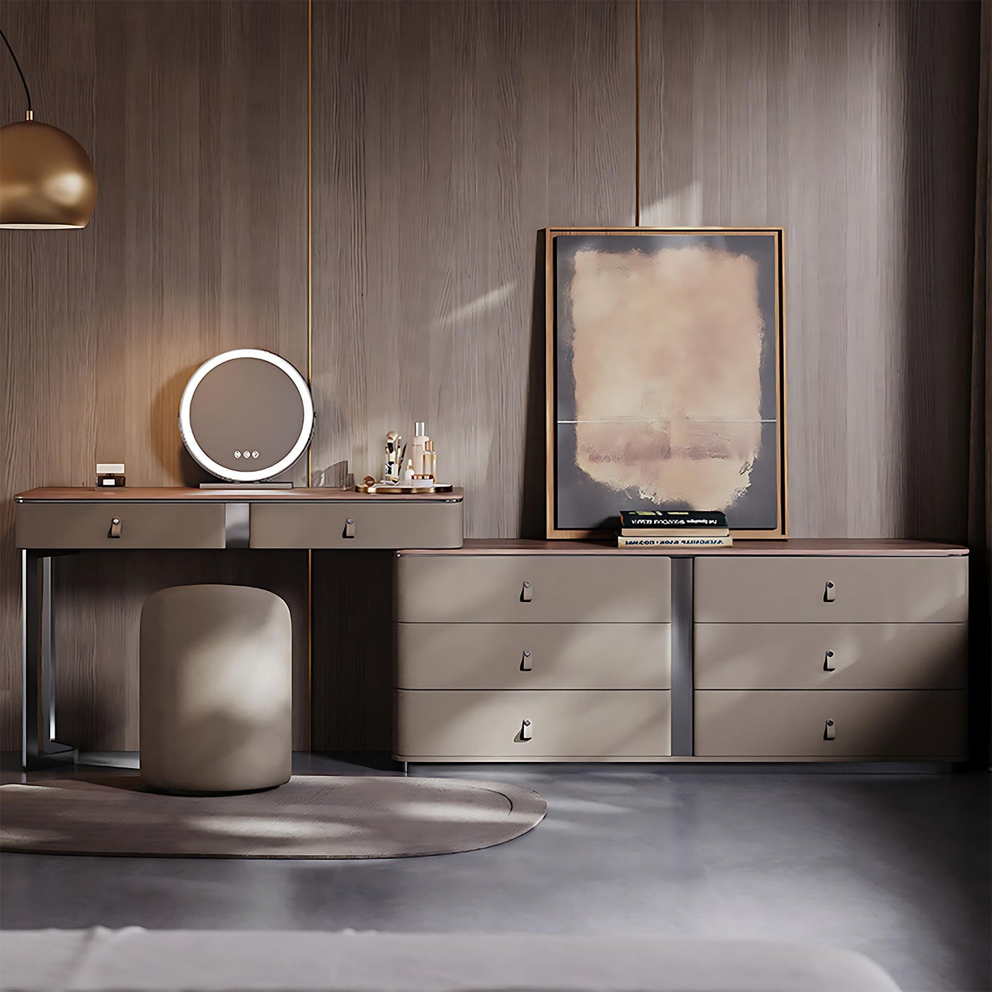39''-47''Leather Vanity with Walnut Veneer Top and Smart LED Lights Mirror & Stool,59IN