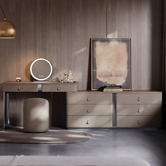 39''-47''Leather Vanity with Walnut Veneer Top and Smart LED Lights Mirror & Stool,59IN