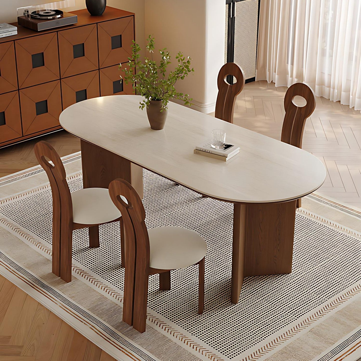 55''-71'' Oval Dining Table with 4 Chairs & Sintered Stone Top,Solid Wood,Walnut Veneer