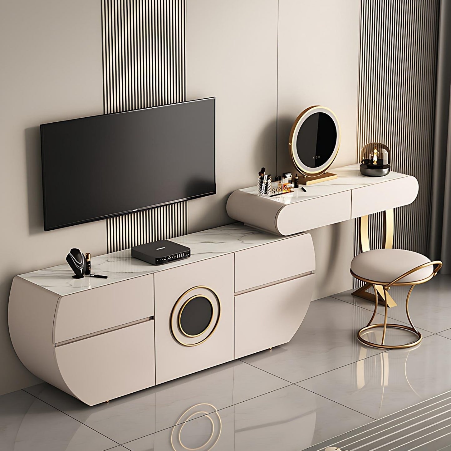 47'' & 63'' Leather Makeup Vanity with Stool and Smart LED Light Mirror,Rock Slab Top