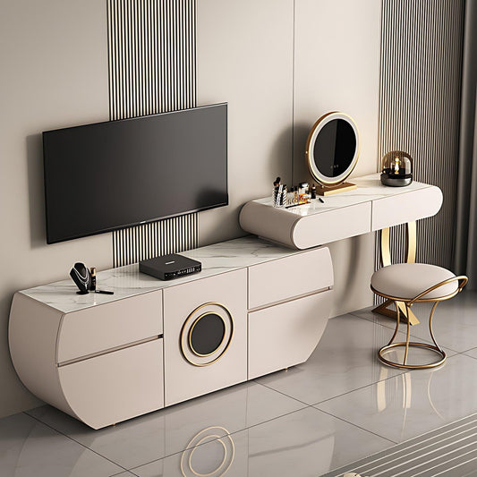 47'' & 63'' Leather Makeup Vanity with Stool and Smart LED Light Mirror,Rock Slab Top