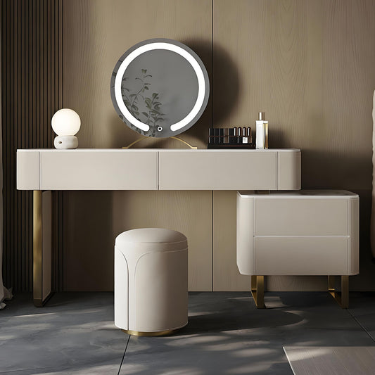 47''-63'' Makeup Vanity with Smart LED Light Mirror and Stool & Rock Slab Top,Leather