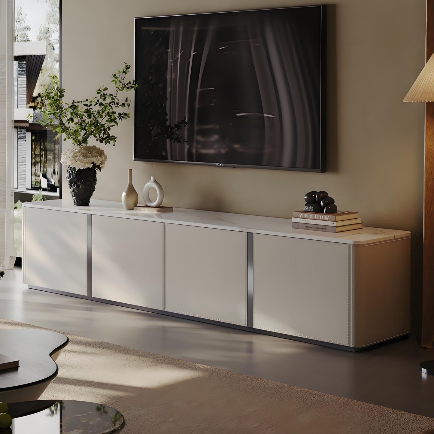 71''-87'' Leather TV Stand with Rock Slab Countertop,Solid Wood,Fully Assembled