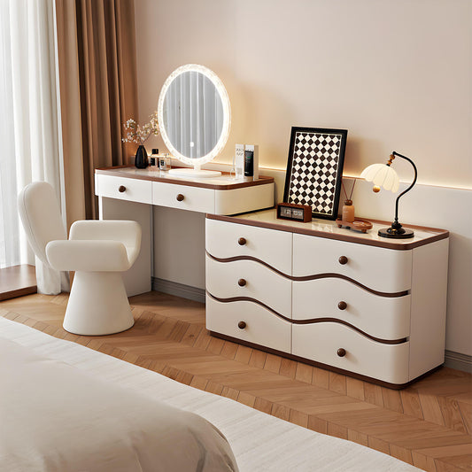 32''-47''Makeup Vanity with Wavy Design and Rock Slab Top,Smart LED Light Mirror & Stool