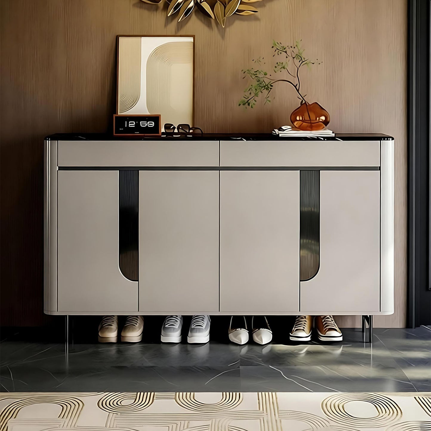 55''-71'' Shoe Cabinet Storage with Marble Countertop,Solid Wood,Baking Paint