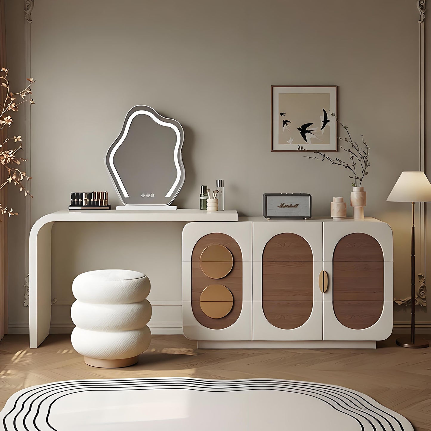 47'' Makeup Vanity with Walnut Veneer and Smart LED Light Mirror & Stool for Bedroom