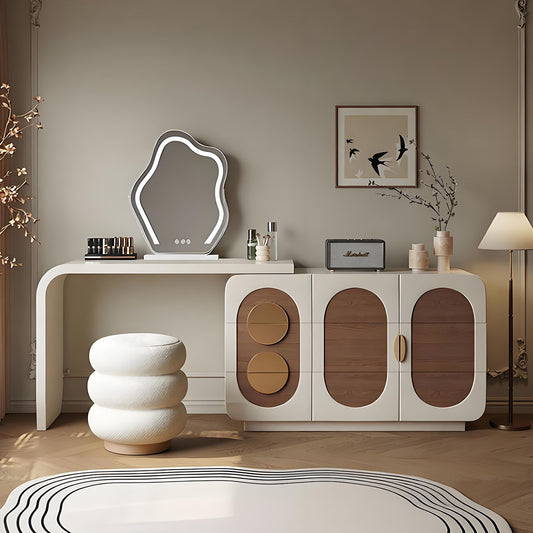 47'' Makeup Vanity with Walnut Veneer and Smart LED Light Mirror & Stool for Bedroom
