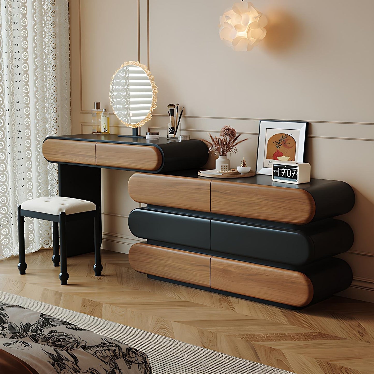 32''-47'' Makeup Vanity with Stool and Smart LED Light Mirror & Walnut Veneer,Mid Century
