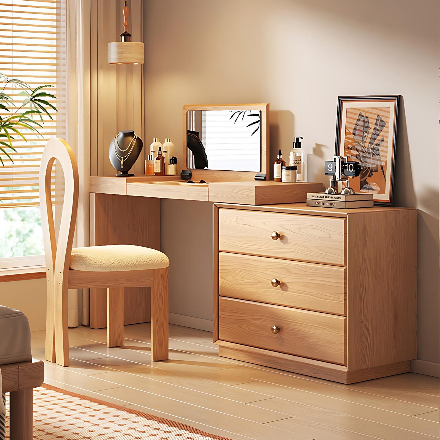 39''-47'' Vanity Desk with Flip up Mirror and Stool,Solid Wood Mid Century Makeup Vanity
