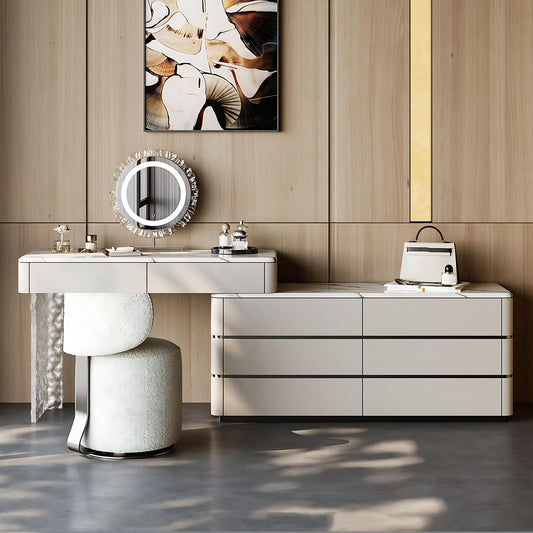 39''-47''Leather Makeup Vanity with Marble Top and Stool,Smart Mirror & Acrylic Legs