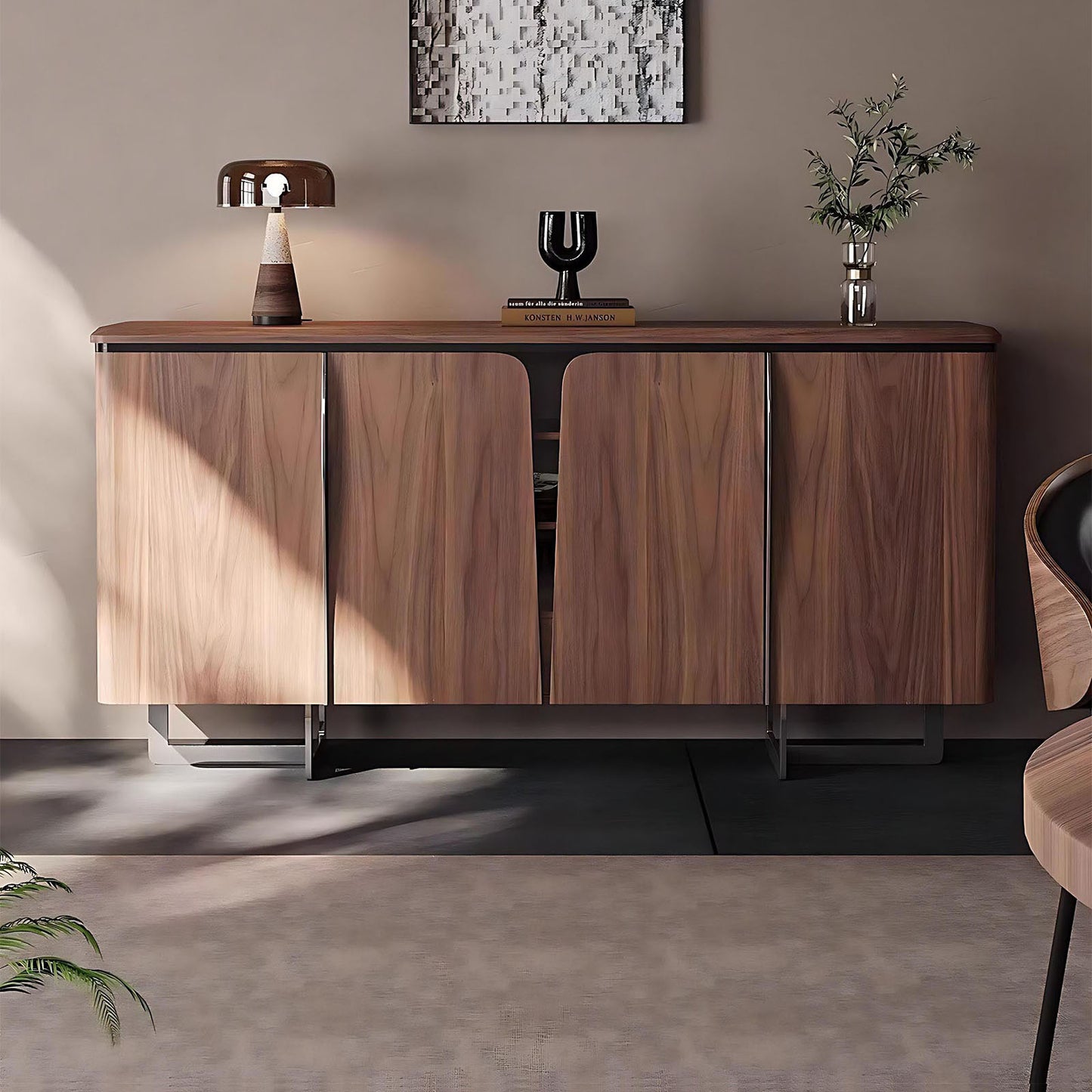 55''-63'' Mid Century Sideboard Buffet Cabinet with Storage,Walnut Veneer