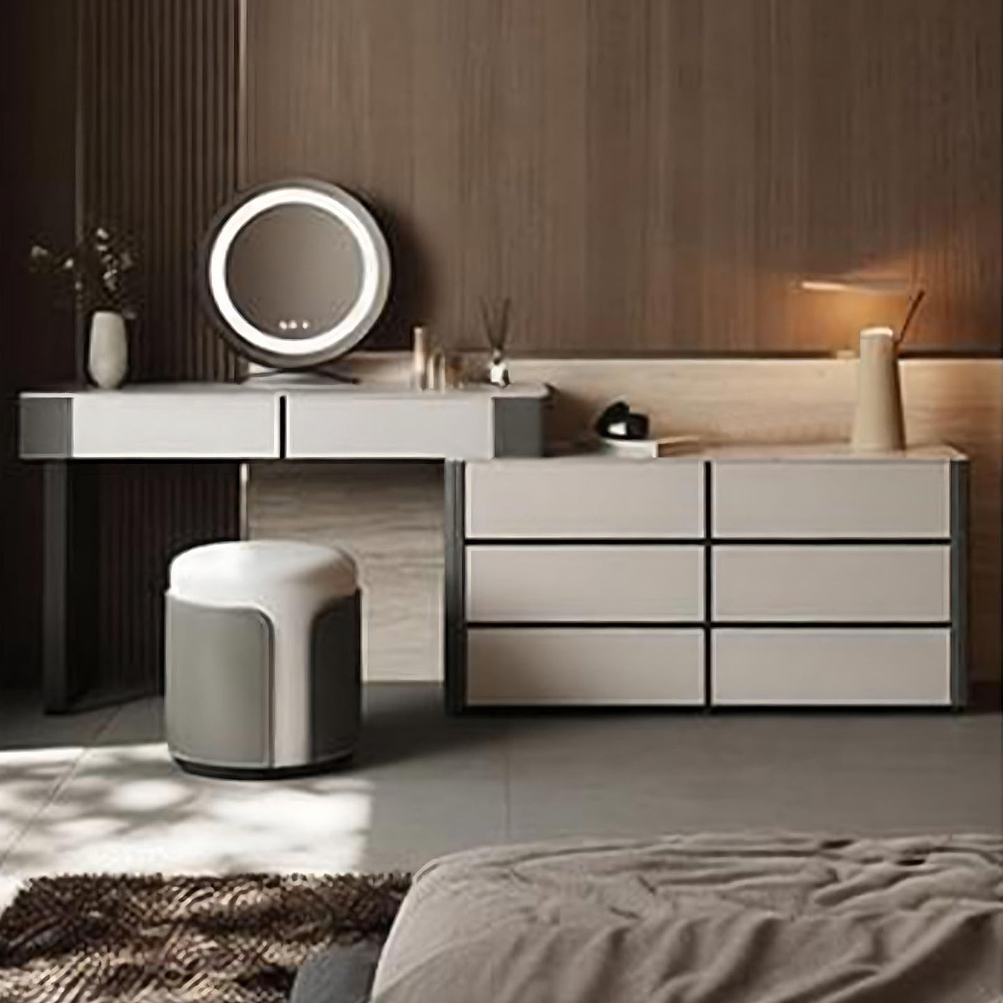 32''-47'' Leather Makeup Vanity with Smart LED Lights Mirror and Rock Slab Top & Stool