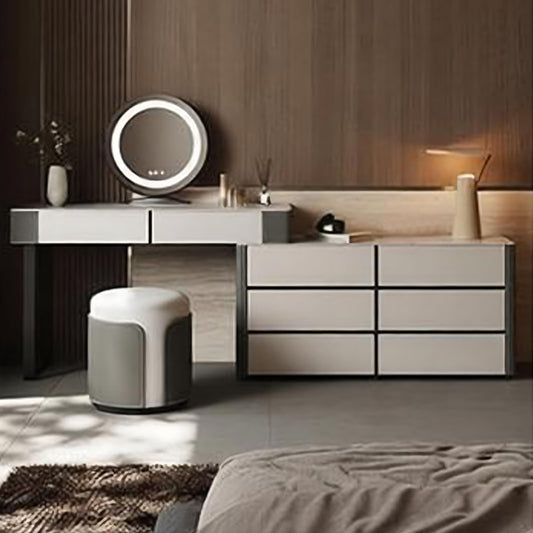 32''-47'' Leather Makeup Vanity with Smart LED Lights Mirror and Rock Slab Top & Stool