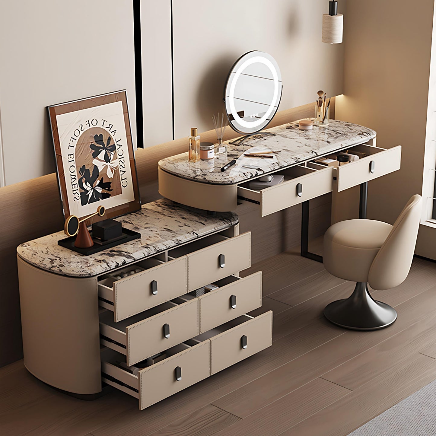 39''-47'' Leather Makeup Vanity with Marble Countertop and Stool & Smart LED Lights Mirror