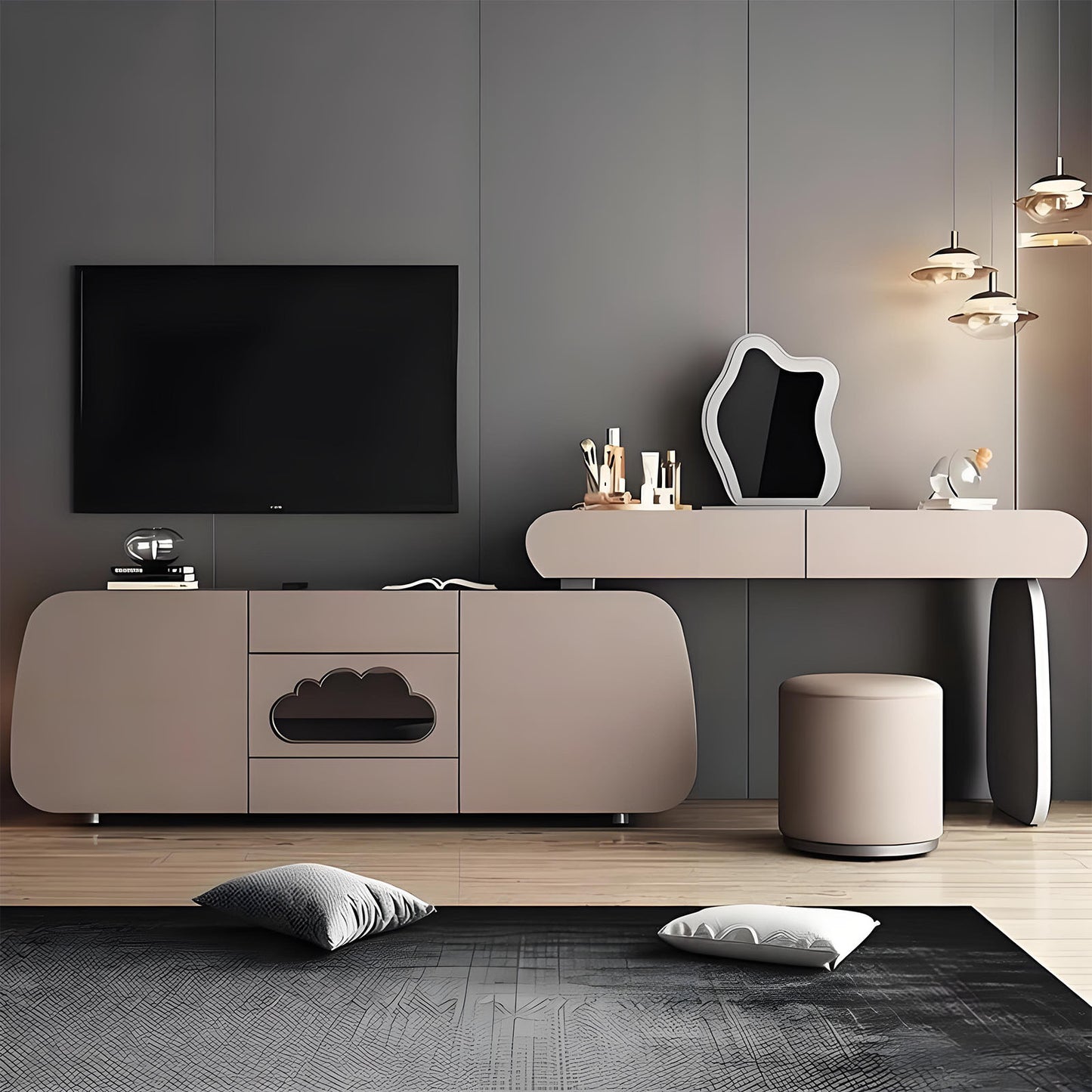 47''&63''Leather Makeup Vanity with Smart LED Light Mirror and Stool,Cloud Shaped Glass