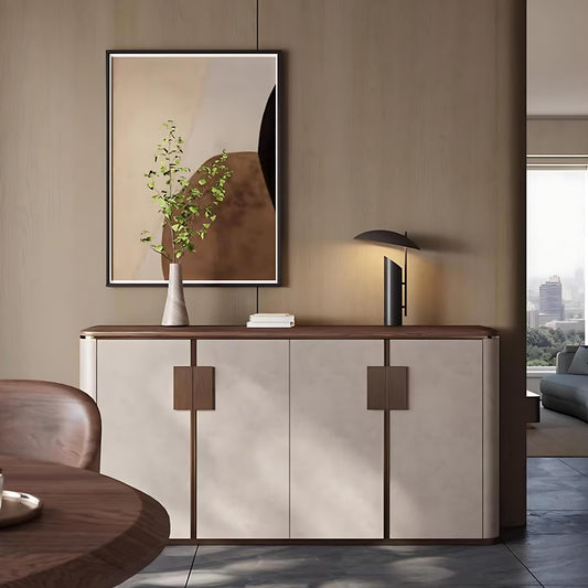 55''-71'' Leather Sideboards with Walnut Veneer Top and Metal Handle