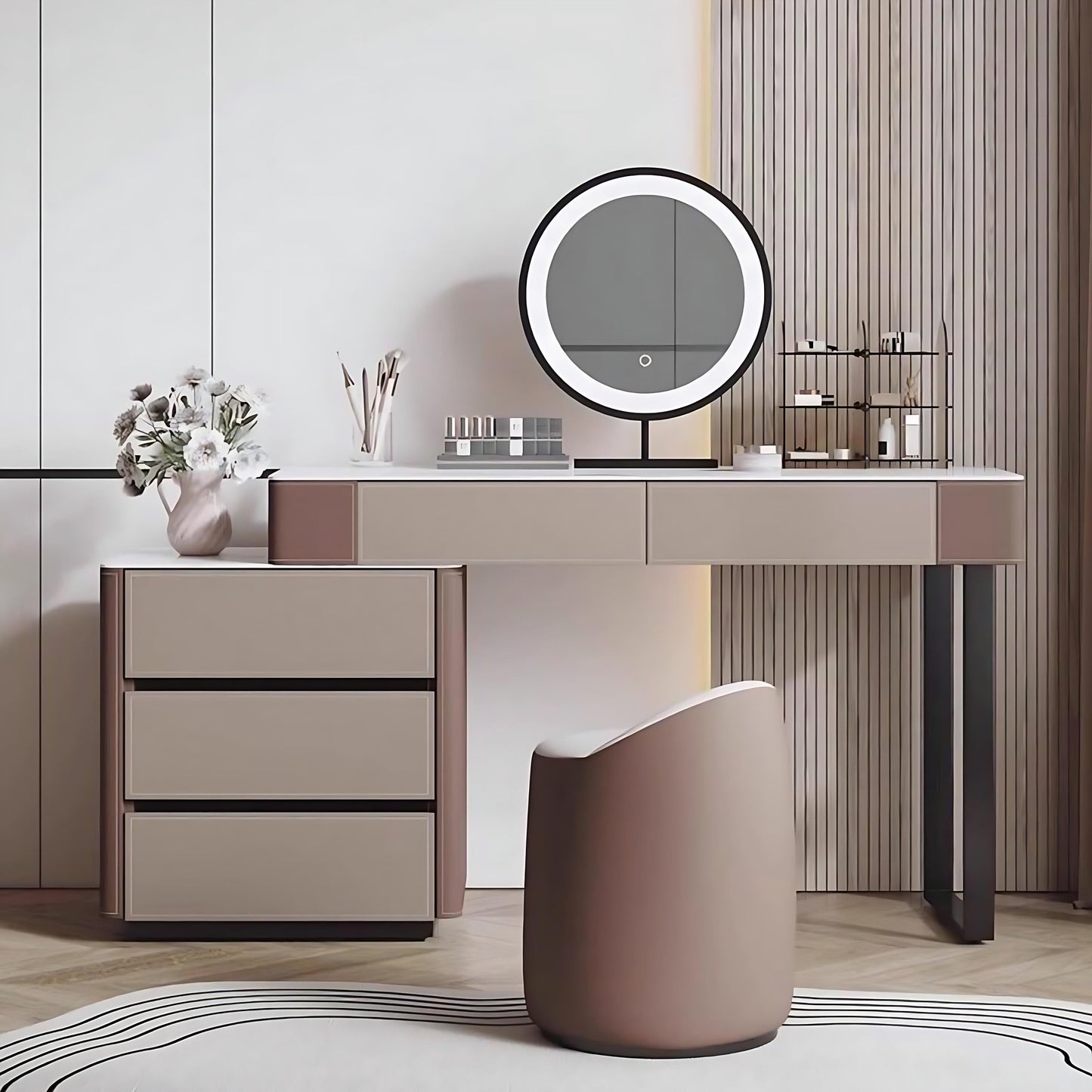 32''-47'' Makeup Vanity with Rock Slab Top and Smart LED Lights Mirror & Stool,Leather
