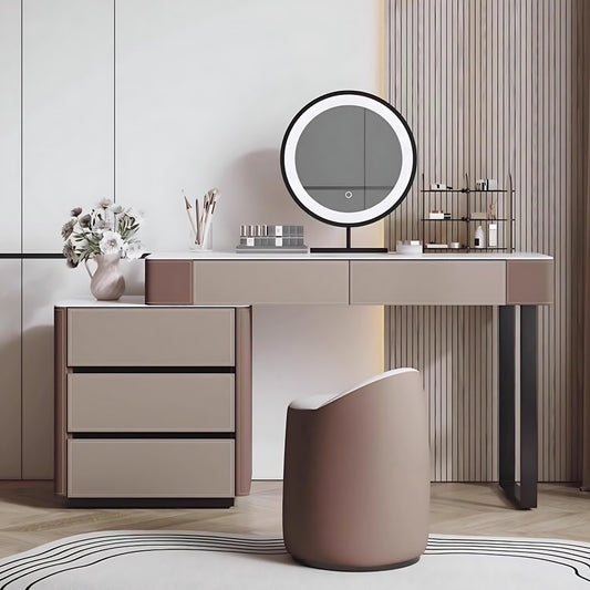 32''-47'' Makeup Vanity with Rock Slab Top and Smart LED Lights Mirror & Stool,Leather