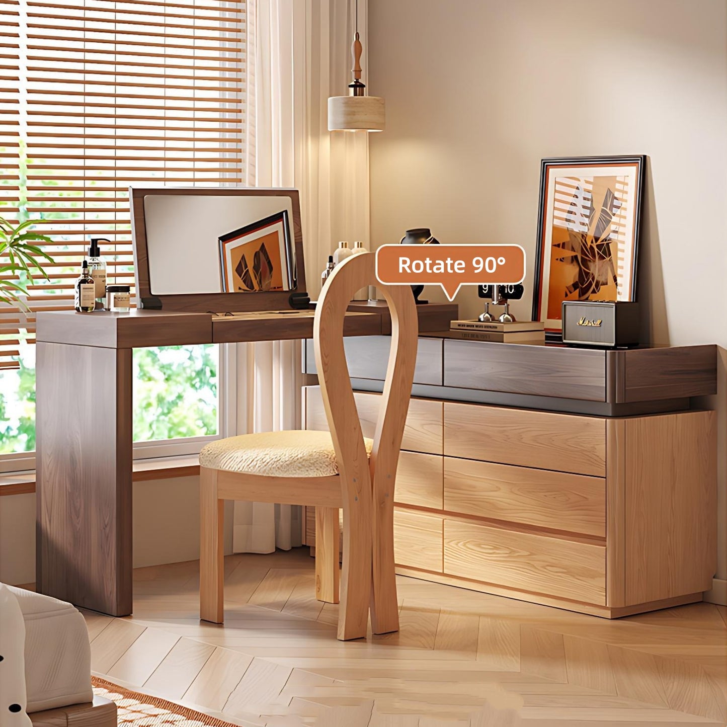 39''-47'' Makeup Vanity with Glass Top and LED Ambient Light & Flip up Mirror and Stool