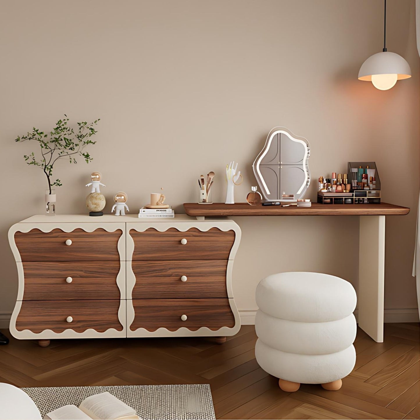 47''Mid Century Makeup Vanity with Smart Light Mirror and Stool,Walnut Veneer,Wavy Design