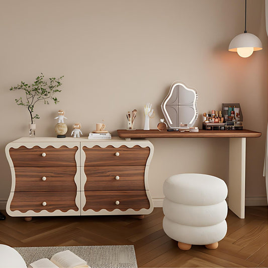 47''Mid Century Makeup Vanity with Smart Light Mirror and Stool,Walnut Veneer,Wavy Design