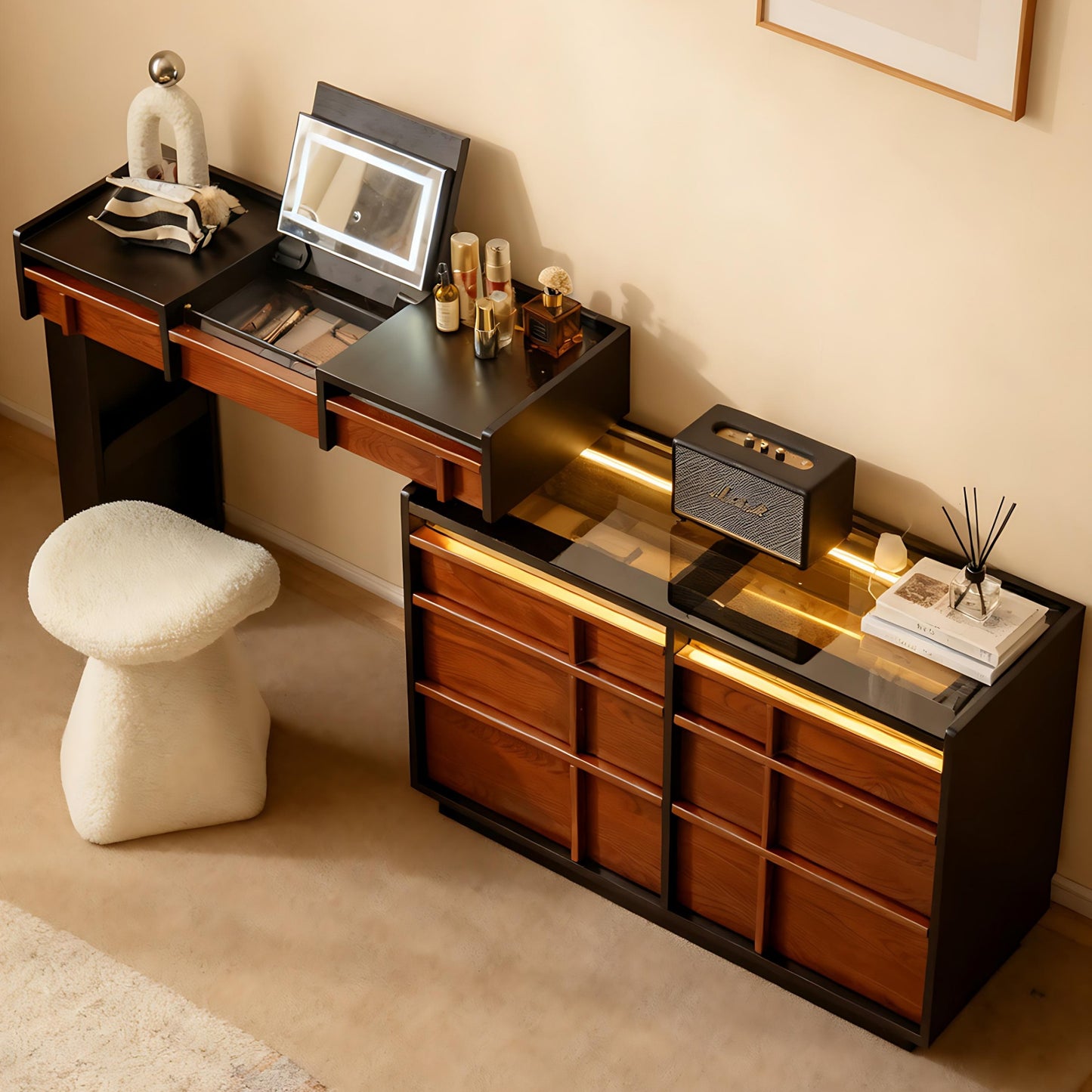 47'' Vanity Set with Mirror and Tempered Glass Top & LED Ambient Light,Stool,Mid Century