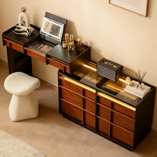 47'' Vanity Set with Mirror and Tempered Glass Top & LED Ambient Light,Stool,Mid Century