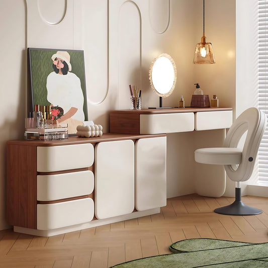 32''-47'' Mid Century Makeup Vanity with Walnut Veneer Top & Smart LED Mirror and Stool