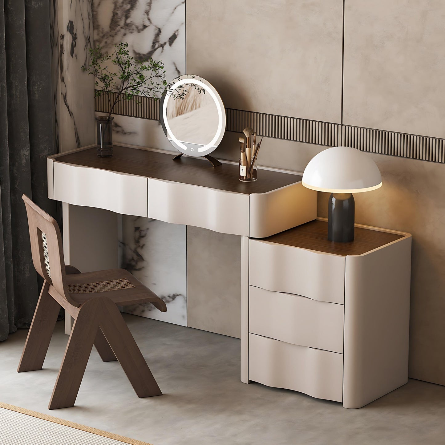 32''-47''Wave Shaped Makeup Vanity with Stool and Smart LED Light Mirror,Walnut Veneer Top